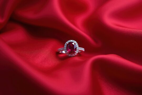 Close-up of stunning red silk cloth with a beautiful ruby and platinum engagement ring in the center, elegant, luxury