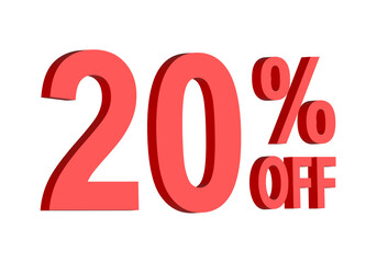 20 percent off discount text graphic in bold red 3D letters, for promotional sale banner icon, coupons, and special offers, marketing design element, boosting savings and shopping deals	