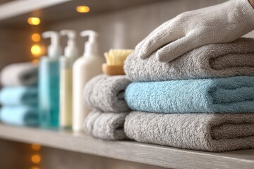 A housekeeper's hands arrange toiletries and towels on a shelf in the bathroom during a routine cleaning of a hotel room.