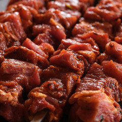Shish kebab pork meat prepared in marinade for fireplace.