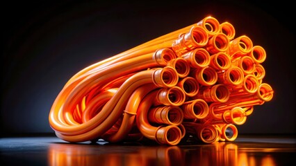 A cluster of bright orange tubes intertwine and curve into a unique abstract shape, casting warm reflections on a sleek, black surface.