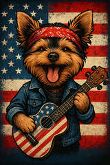 Patriotic Yorkie Rockstar with Guitar and American Flag