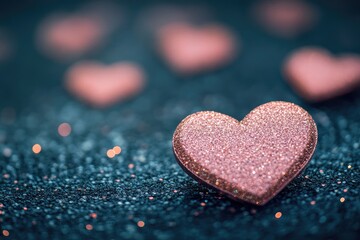 Obraz premium Rose gold hearts on dark glitter