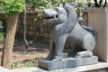 Chinese granite lion statue, traditional guardian sculpture, Asian temple art, stone carving,...