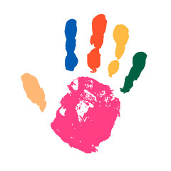 child's handprint stained with paint. Blotches. Vector stock illustration. Isolated on white background.