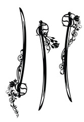 vertical sabre sword entwined with rose flowers black and white vector outline design set