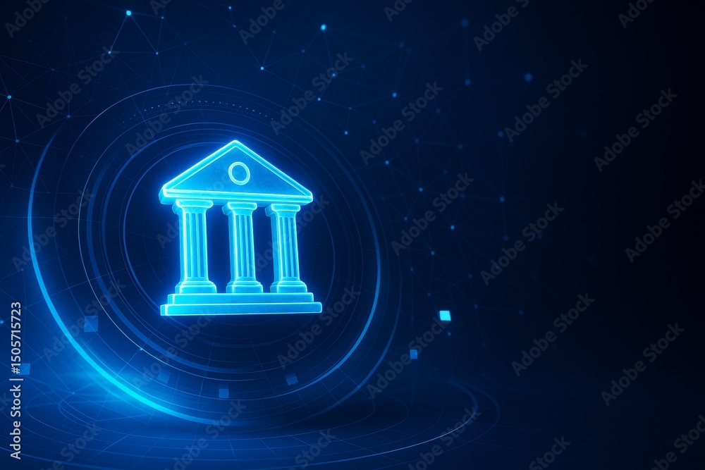 Poster Glowing digital courthouse icon with futuristic circular elements on dark blue abstract technology background in light graphic style. Ai generative.