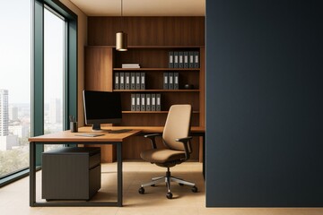 Modern executive office interior with wooden furniture, computer setup, and city view through large windows in warm natural light. Ai generative.