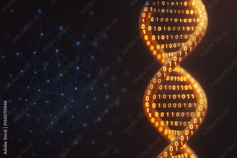 Poster Glowing orange binary DNA helix with digital network structure on dark background symbolizing data science and bioinformatics integration.