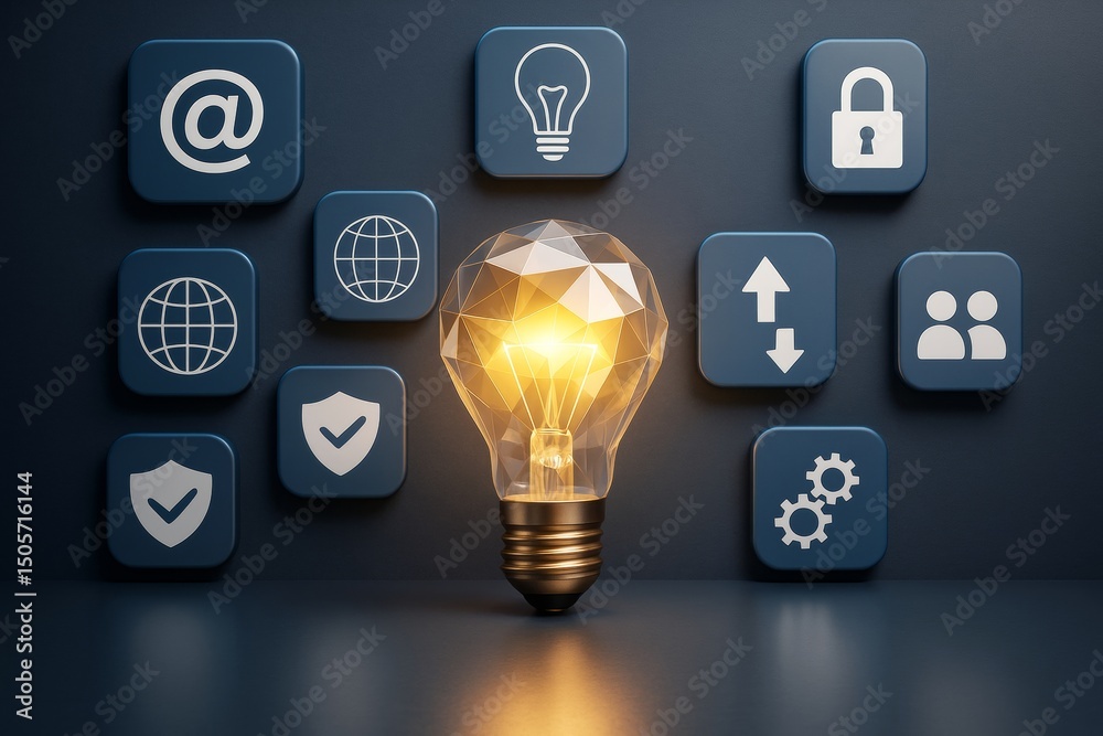 Poster illuminated polygonal light bulb surrounded by digital communication and internet icons on dark back
