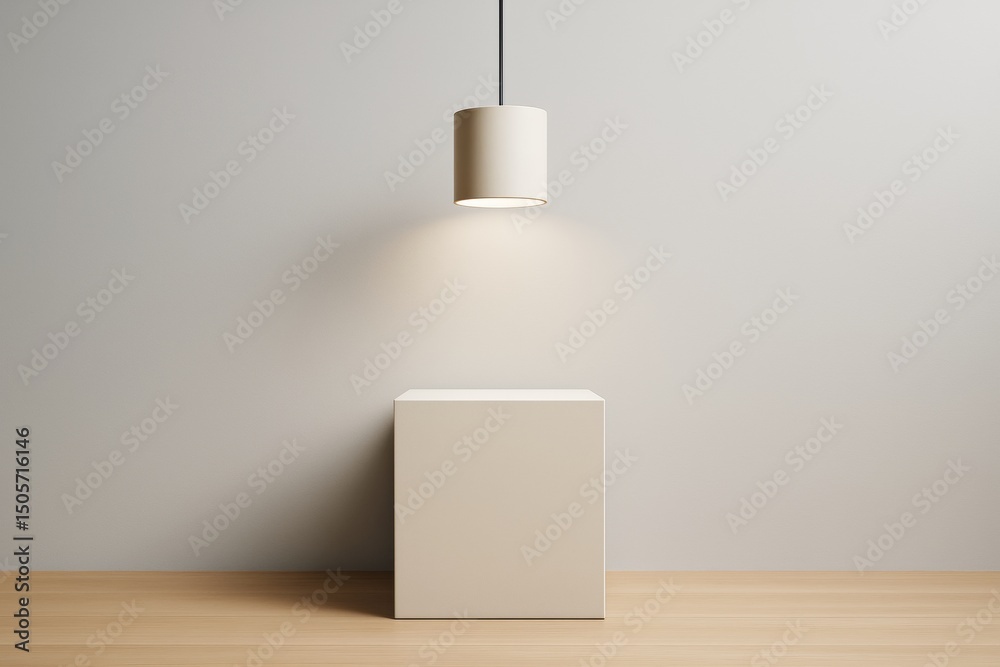 Poster minimalist lighted pedestal with neutral background and soft spotlight above in clean modern interio