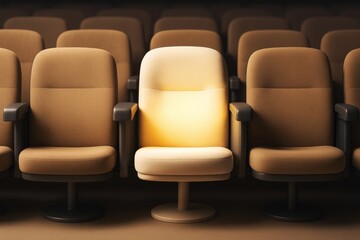 Obraz premium Single illuminated theater seat among rows of brown chairs, glowing under spotlight, symbolizing uniqueness and individuality in abstract concept.