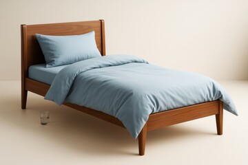Wooden single bed with light blue bedding on beige background, minimal cozy interior concept with soft light and clean aesthetic. Ai generative.