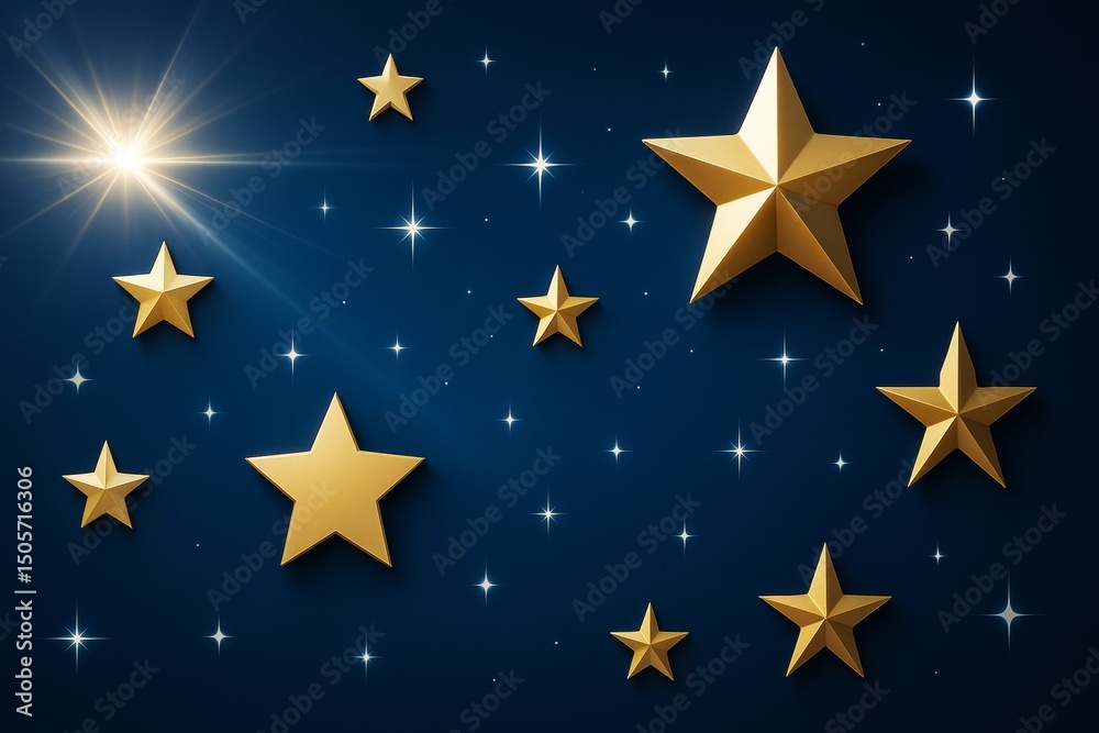 Poster golden stars with glowing light effects on a deep blue abstract background, creating a dreamy night 