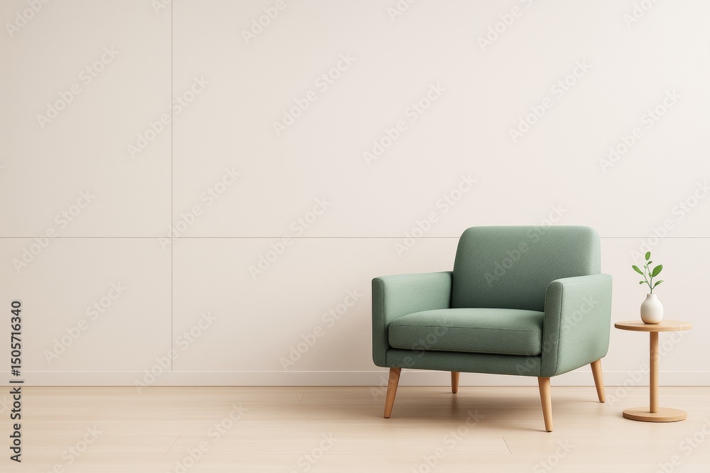 Poster minimalist interior scene with green armchair and small round table on light wooden floor in front o