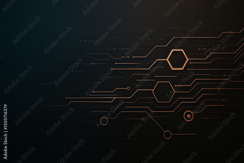 Poster Futuristic tech circuit board design with glowing orange lines and hexagons on a dark background, symbolizing innovation and connection.