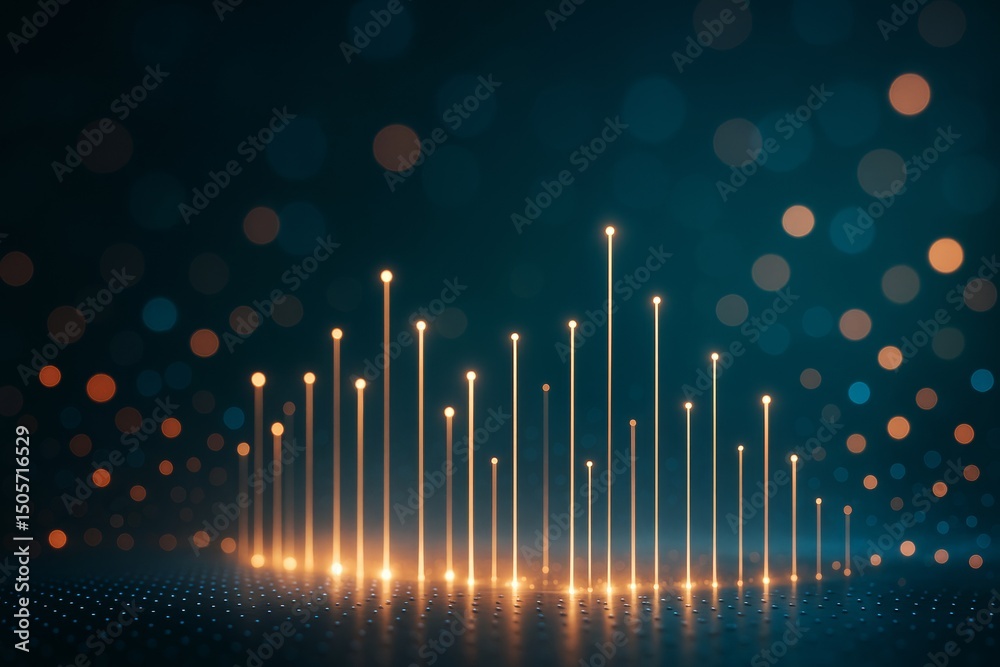 Poster Glowing vertical light bars rising from digital surface with bokeh background in futuristic abstract concept of data, technology and communication.