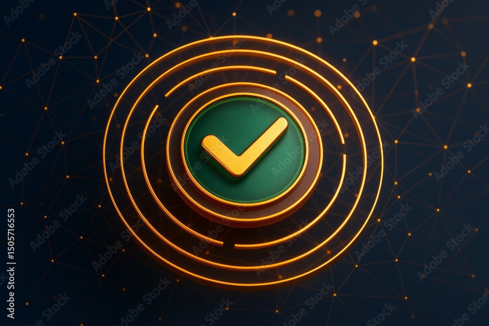 Poster glowing orange checkmark symbol in green circle with concentric rings on digital network background,
