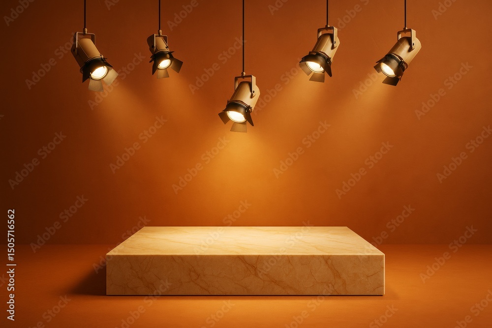 Poster abstract marble podium under spotlights on warm orange background with dramatic lighting and minimal