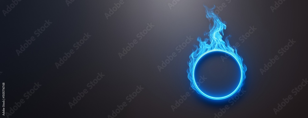 Poster glowing blue circle with flaming fire effect on dark background, futuristic abstract light design te