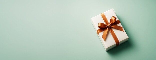 Elegant gift box with satin ribbon on pastel green background, minimal festive concept with copy space for advertising and promotional design template.