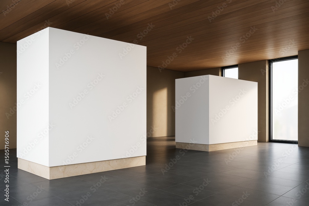 Poster minimalist interior space with large white cubes for mockup or display on dark tiled floor and woode