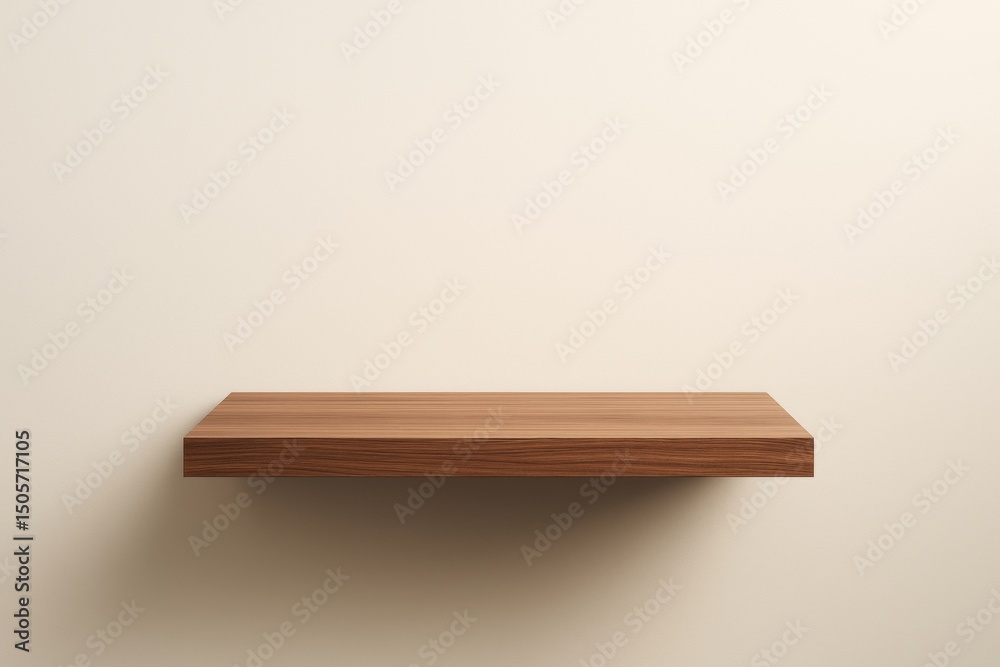 Aufkleber Minimal wooden floating shelf on beige wall with soft light and empty space for product display or branding concept mockup template background.