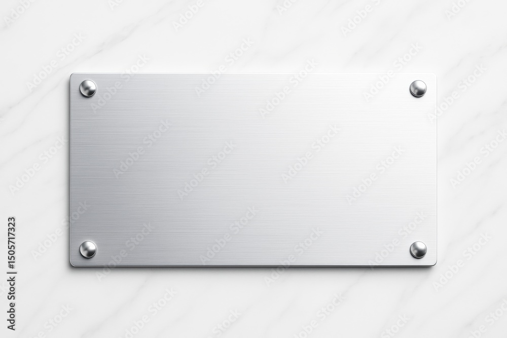 Poster Metallic blank nameplate mounted on marble wall background with clean brushed texture and four rounded screws in each corner for branding concept.