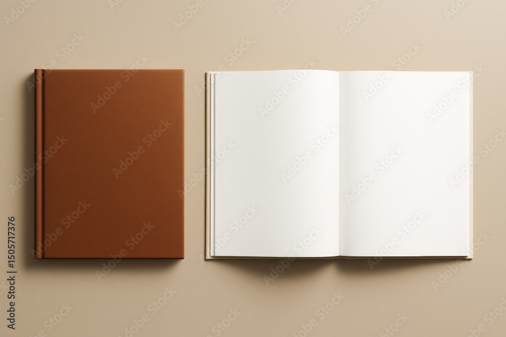 Poster Closed brown hardcover book and open blank notebook on beige background with soft light, clean layout for mockup or branding concept.