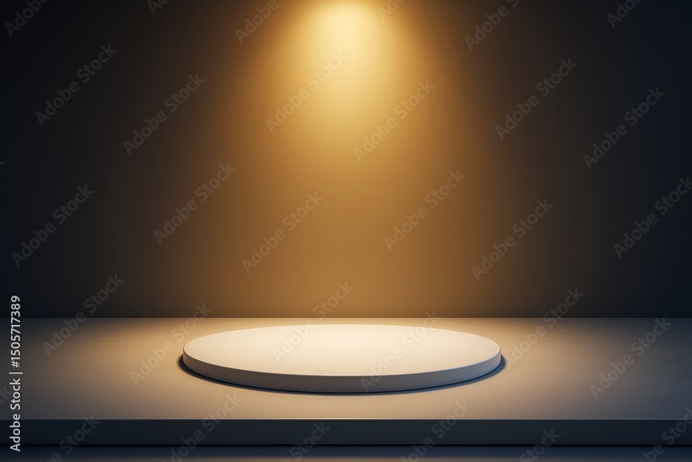 Poster minimalist round white podium under warm spotlight on dark background for product display or brandin