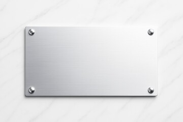 Metallic blank nameplate mounted on marble wall background with clean brushed texture and four rounded screws in each corner for branding concept.