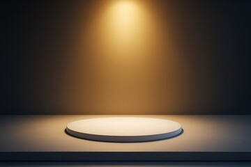 Minimalist round white podium under warm spotlight on dark background for product display or branding concept mockup template scene.