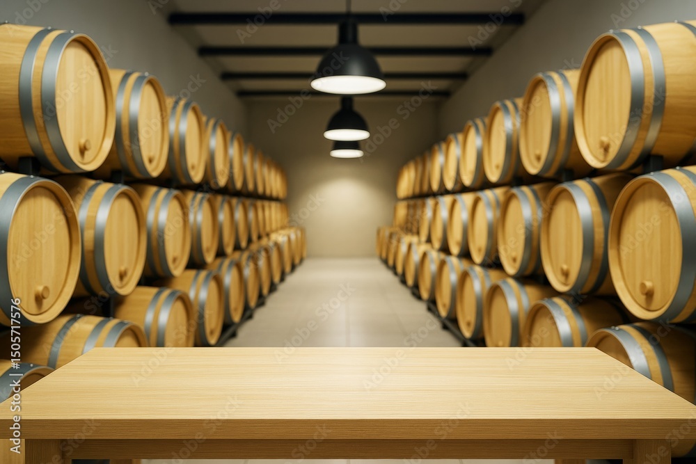 Aufkleber Wooden table in front of rows of wine barrels in cellar under pendant lights with copy space for mockup or banner background concept scene.