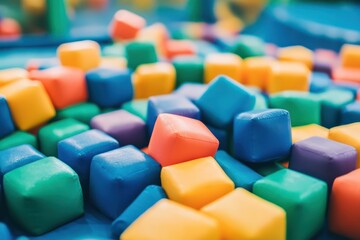 Fototapeta premium Colorful soft foam cubes in kids trampoline park