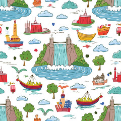 Niagara Falls, Ontario/New York, Canada/USA Vector Illustration with Seamless Pattern Design