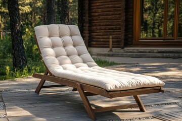 Cushioned wooden sun lounger outdoors for garden or poolside relaxation