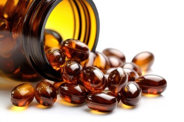 Glossy brown softgel capsules spilling from an amber glass bottle on a white background. Clean composition, high detail, suitable for illustrating supplements, vitamins, or pharmaceutical products