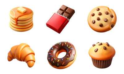 Puncakes, Chocolate Bar, Cookie, Croissant, Doughnut, Muffin, set of 3D Food Icons – Glossy Minimal Emoji Style, Isolated PNG objects