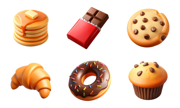 Puncakes, Chocolate Bar, Cookie, Croissant, Doughnut, Muffin, set of 3D Food Icons &ndash; Glossy Minimal Emoji Style, Isolated PNG objects