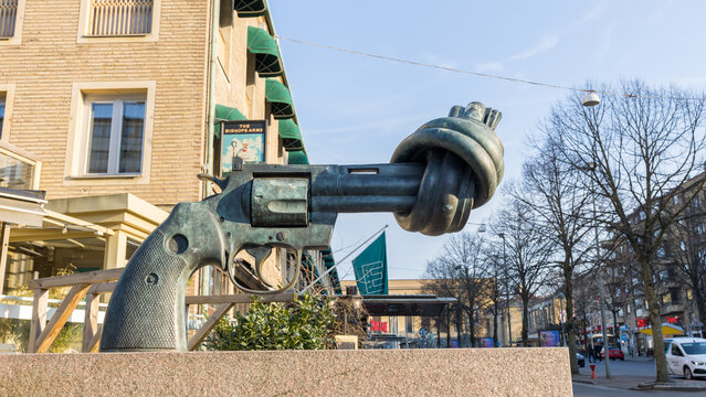 Gothenburg / Sweden, Mar 24, 2025: Non-Violence sculpture (The Knotted Gun) by Carl Fredrik Reutersw&auml;rd