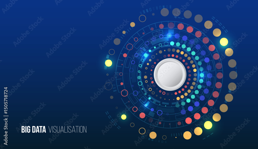 Poster visualization of big data in the form of concentric circles, digital elements and bright color accen