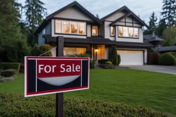 For Sale sign in front of modern home with lawn