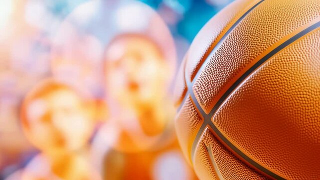 Dynamic close-up of basketball with blurred players in background during intense game action. Perfect for sports promos, commercials, athletic training videos, competitive events.