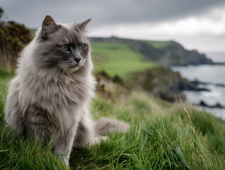 Grey ragdoll cat sitting on green grass in spring landscape with sea in the background, full-body view in natural light with shallow depth of field, realistic outdoor animal portrait