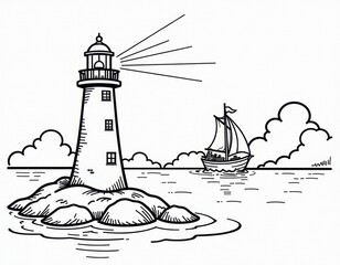 Lighthouse Guiding Sailboat at Sea - Line Art Illustration