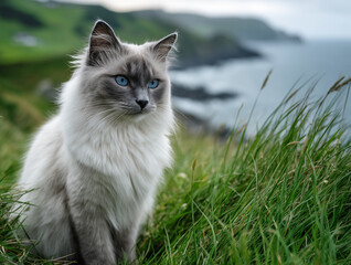 Grey ragdoll cat sitting on green grass in spring landscape with sea in the background, full-body view in natural light with shallow depth of field, realistic outdoor animal portrait