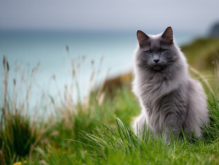 Grey ragdoll cat sitting on green grass in spring landscape with sea in the background, full-body view in natural light with shallow depth of field, realistic outdoor animal portrait