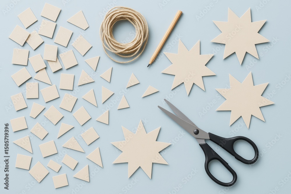 Poster diy paper craft project with cut shapes, pencil, scissors, and string on light blue background. crea
