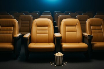 Obraz premium Empty leather cinema seats with bucket of popcorn in dark theater illuminated by screen light, symbolizing movie night hobby and relaxation.