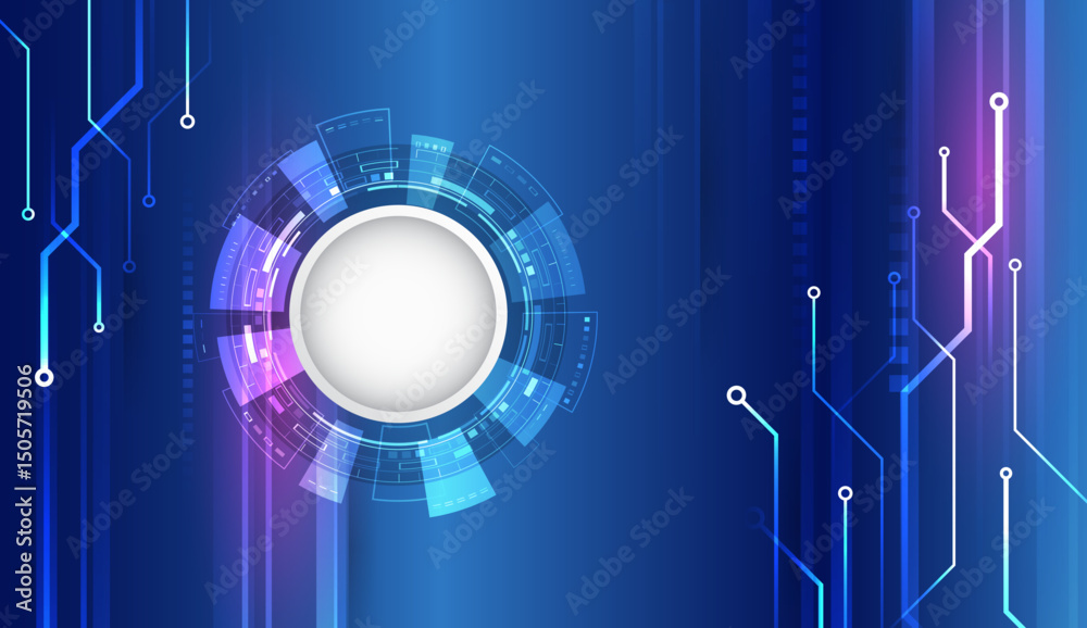 Poster futuristic technology background with a round digital panel and light stripes on a blue background. 